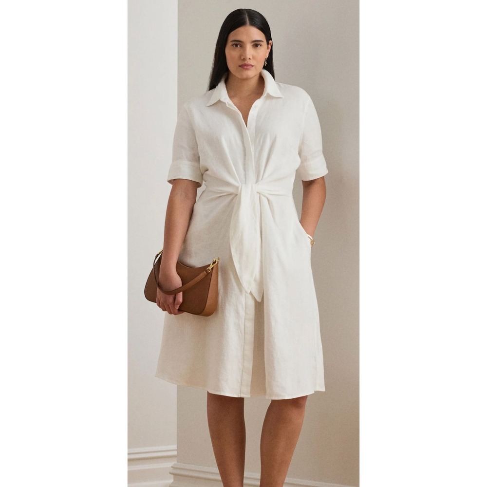 Lauren Ralph Lauren Tie Front Linen Shirtdress White Midi Short Sleeve 16W - Picture 11 of 12